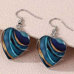 NEW Artsy Dark Romantic Western Heart-Shaped Blue Gold Artistic Swirl Earrings